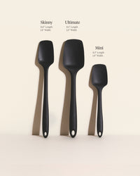 The GIR Skinny, Ultimate and Mini Spoonula with dimensions on a cream background.